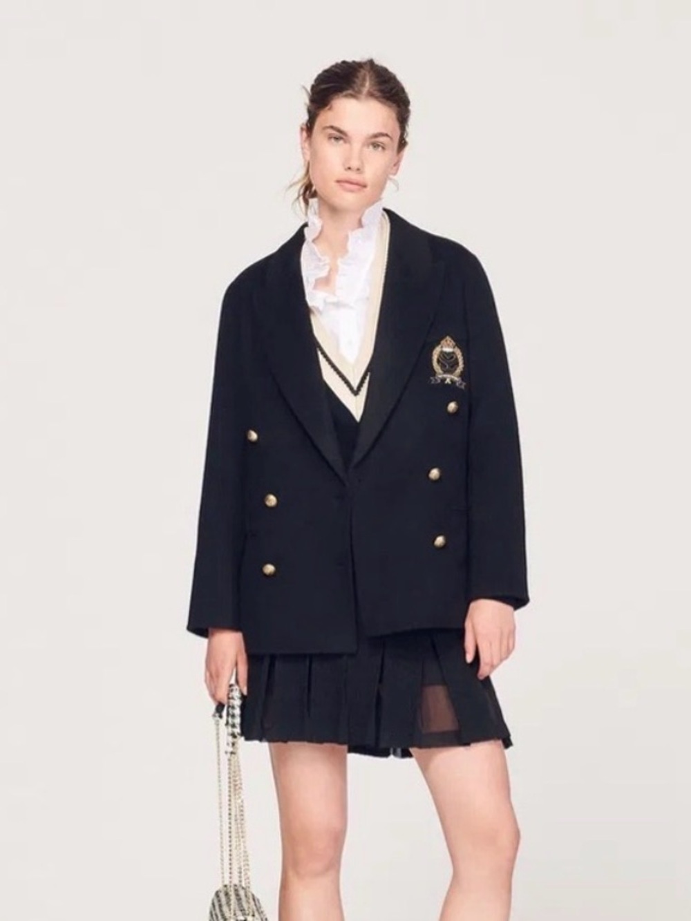 Sandro Black Wool Blazer with Gold Buttons and Crest Used Once Size Small